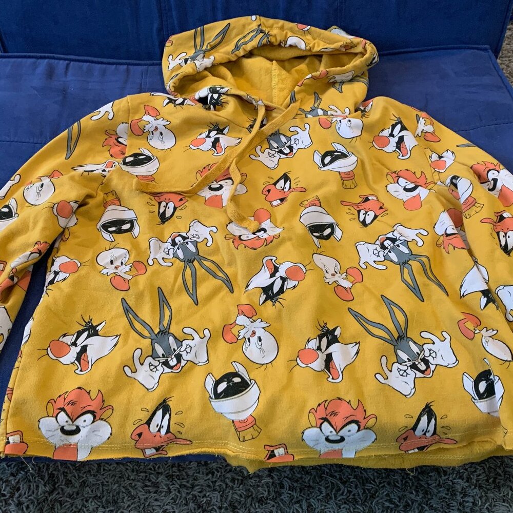 Looney Tunes Womens Cropped Hoodie Yellow Long Sleeve Pullover Graphic